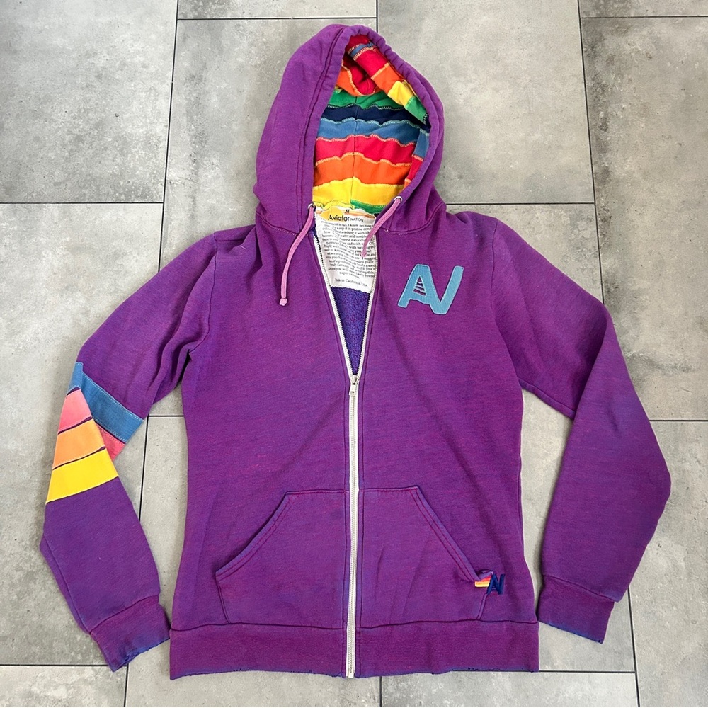 Aviator Nation purple signature rainbow stripe zip hoodie M